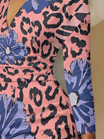 Pink Leopard Purple Floral V-Neck Bodycon Midi Dress DEH921