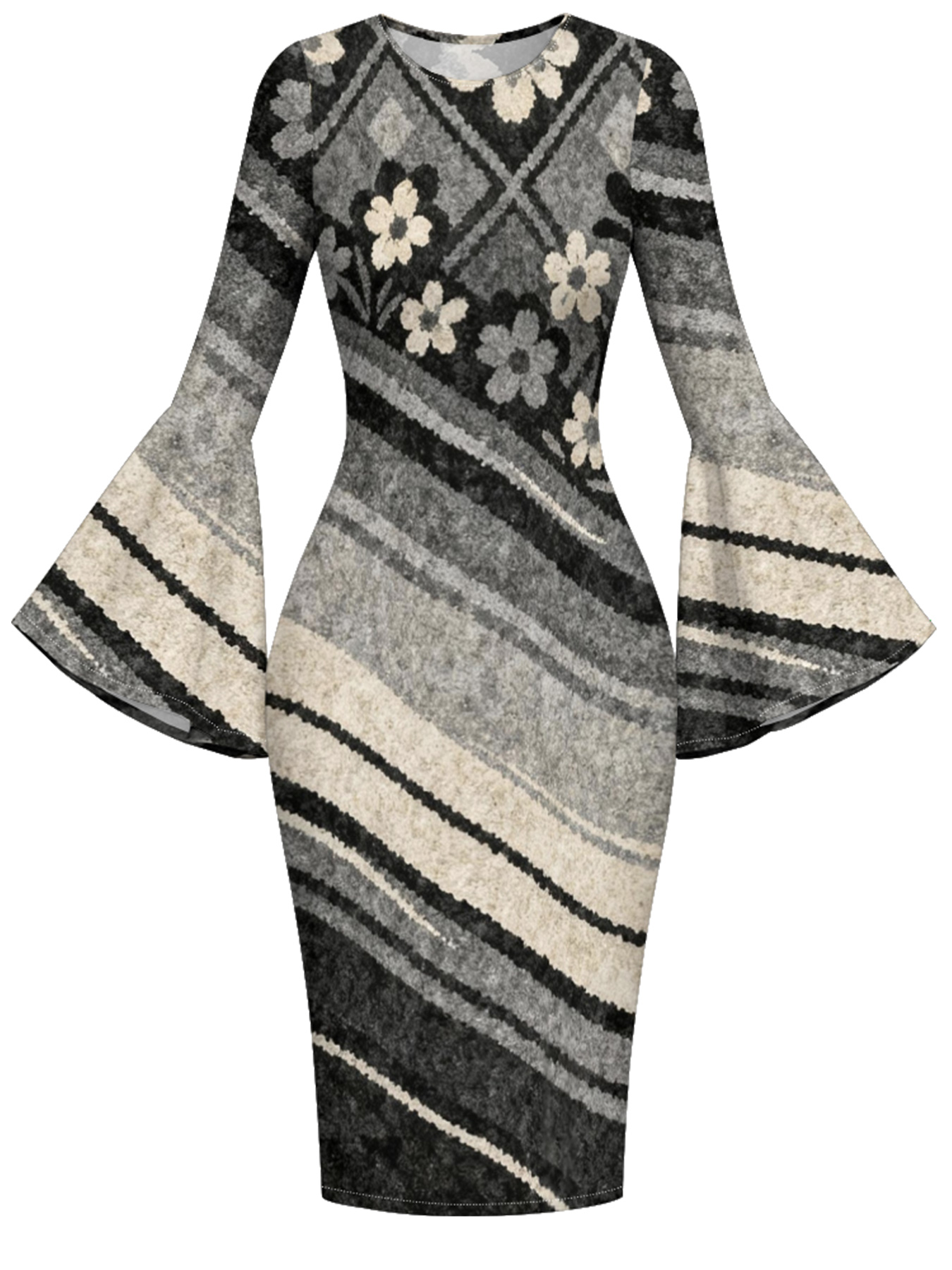 Grey Floral Flare Sleeve Bodycon Midi Dress PON420