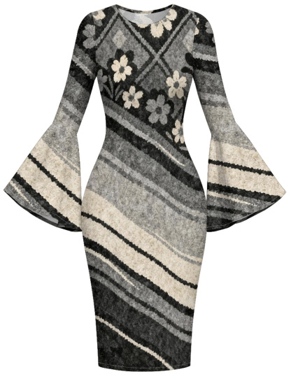 Grey Floral Flare Sleeve Bodycon Midi Dress PON420