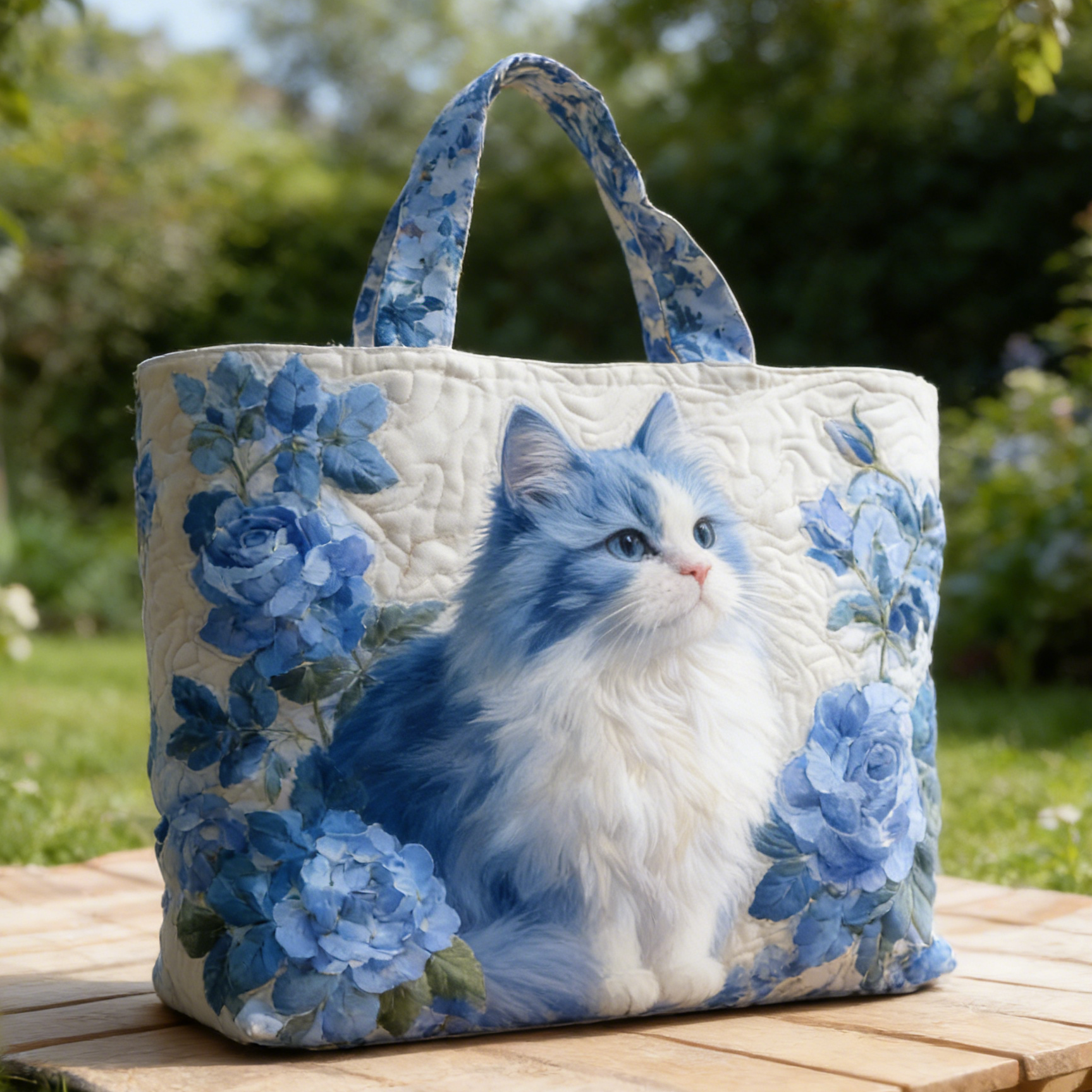 Blue Cat & Floral Quilted Tote Bag WRL467