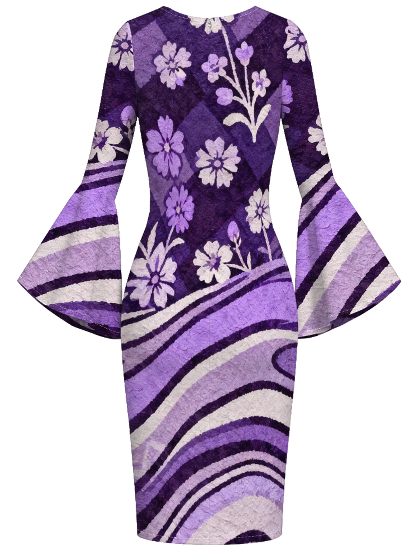 Purple Floral Stripe Flare Sleeve Bodycon Midi Dress LKJ852