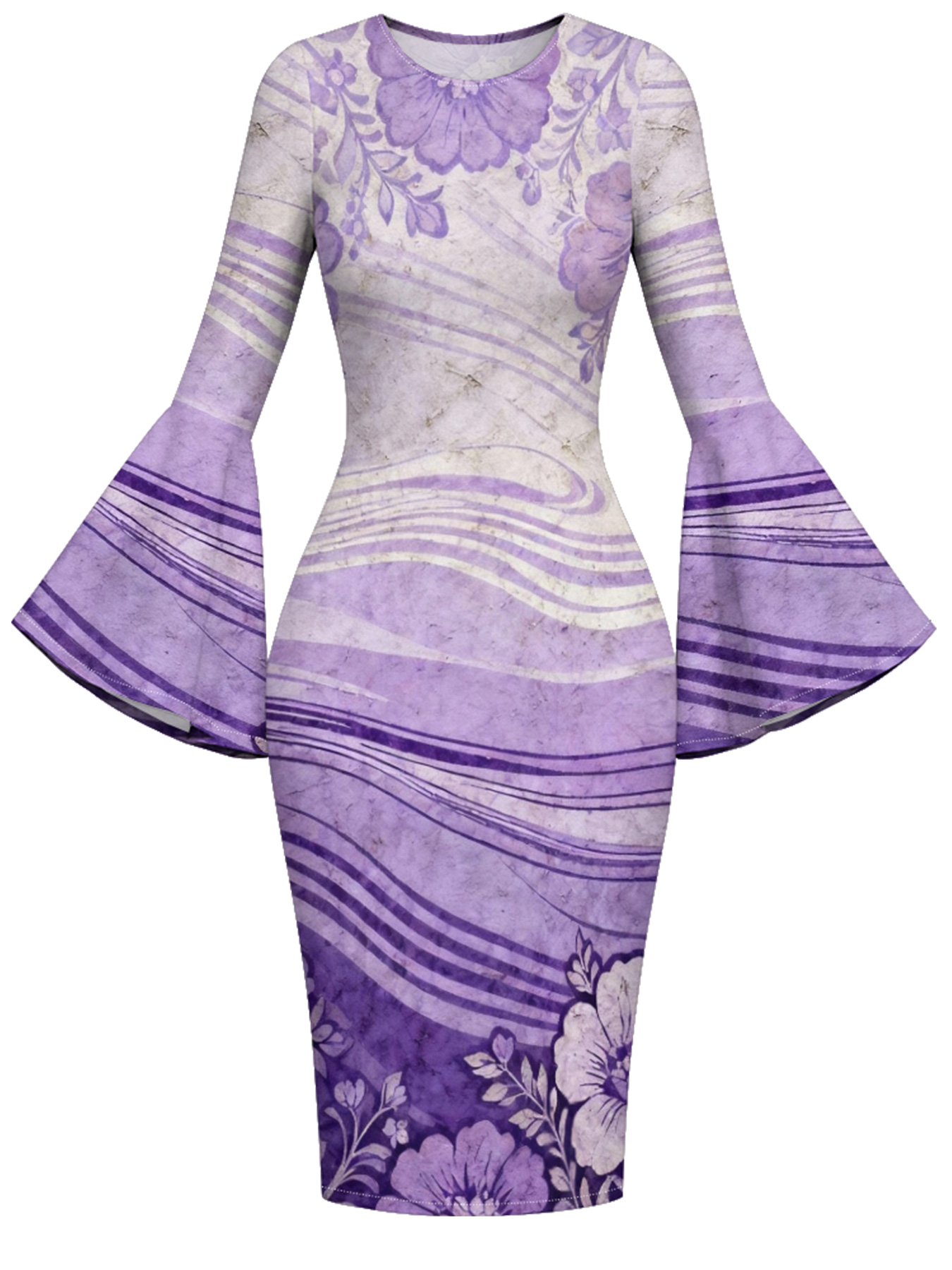 Lavender Watercolor Floral Flare Sleeve Bodycon Midi Dress JIH741