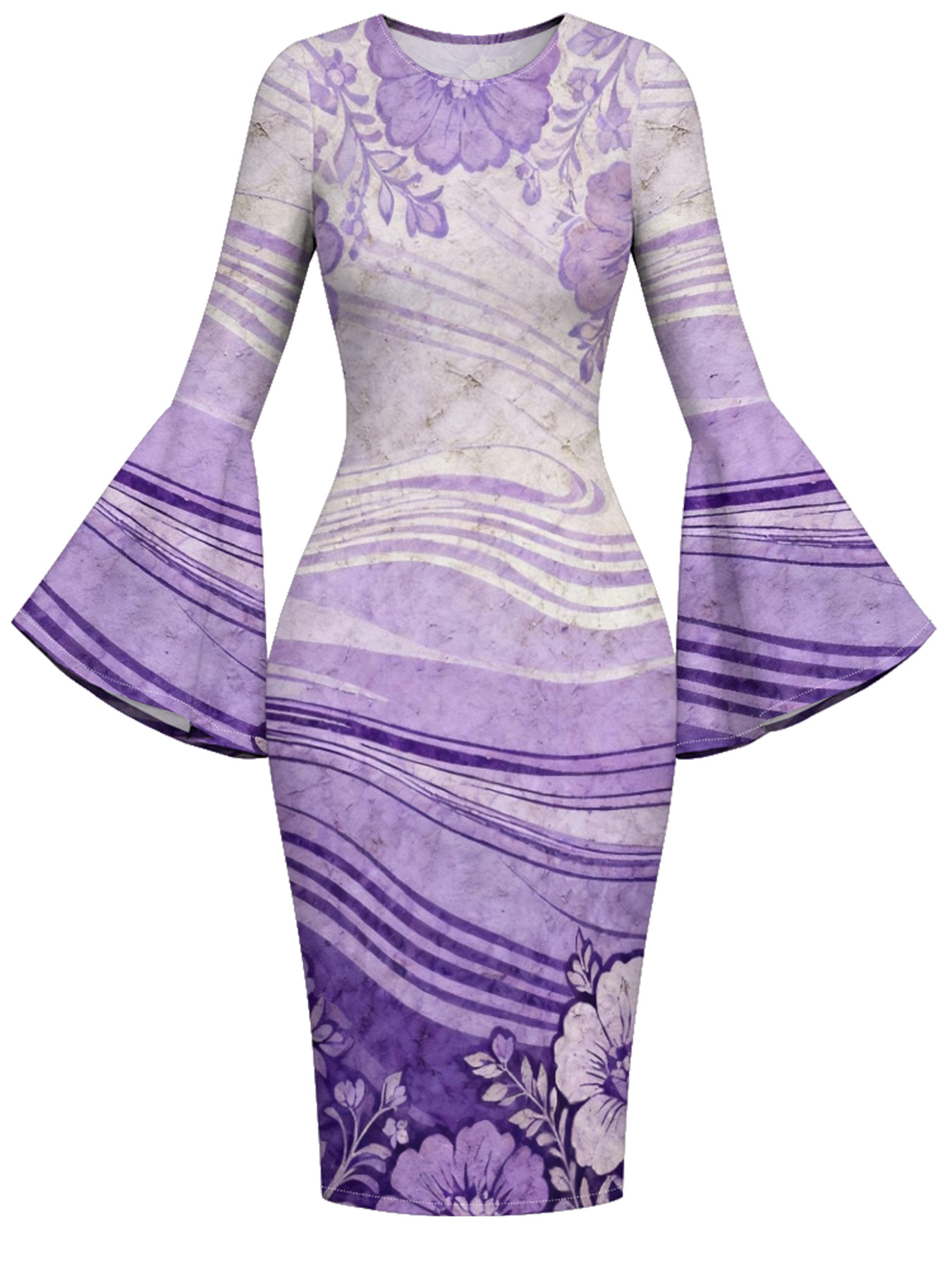 Lavender Watercolor Floral Flare Sleeve Bodycon Midi Dress JIH741