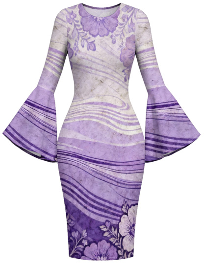 Lavender Watercolor Floral Flare Sleeve Bodycon Midi Dress JIH741