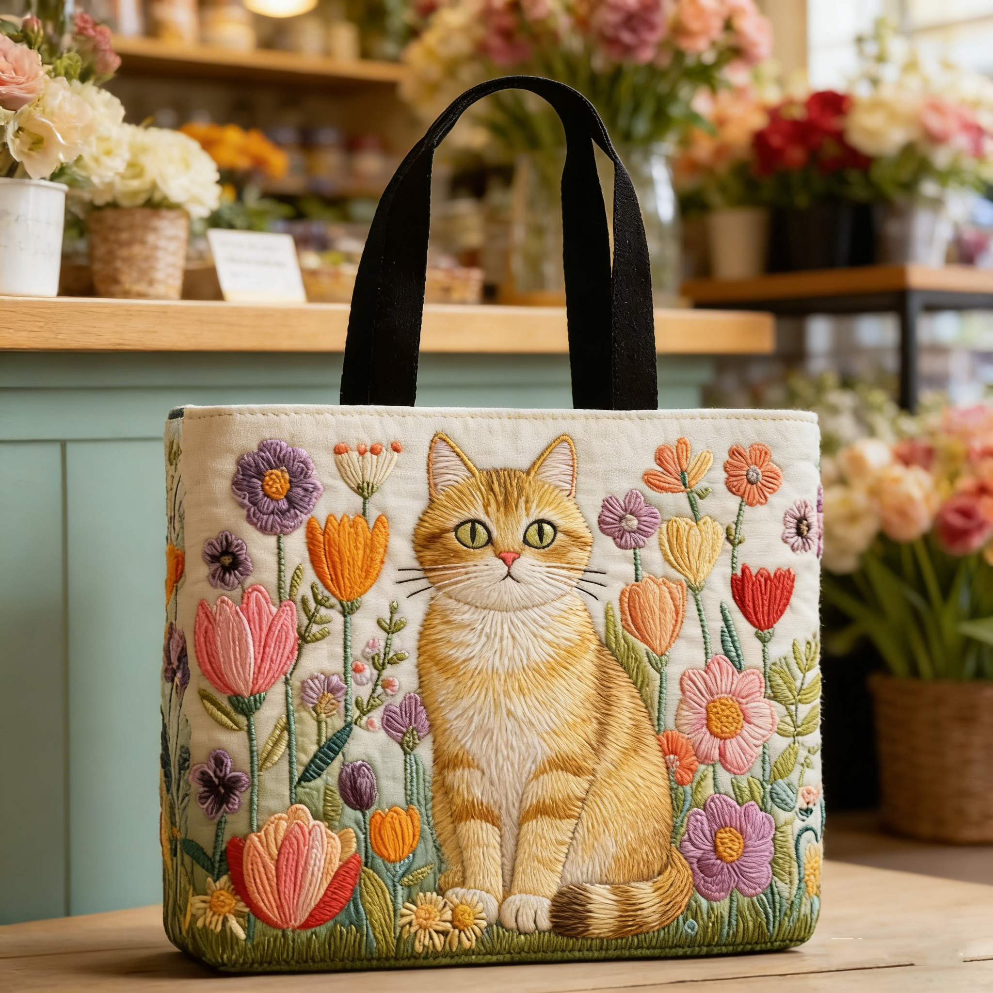 Ginger Cat in Wildflower Meadow Quilted Tote Bag WGO8603