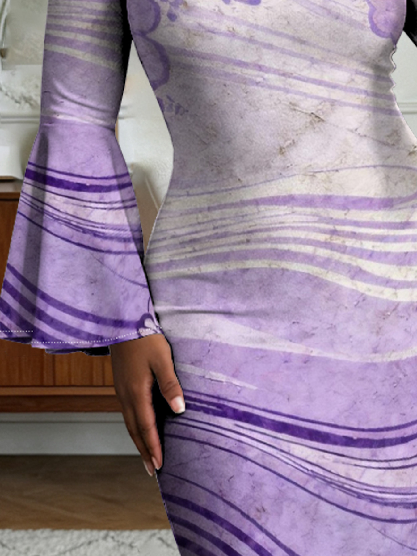 Lavender Watercolor Floral Flare Sleeve Bodycon Midi Dress JIH741