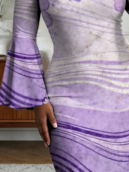 Lavender Watercolor Floral Flare Sleeve Bodycon Midi Dress JIH741