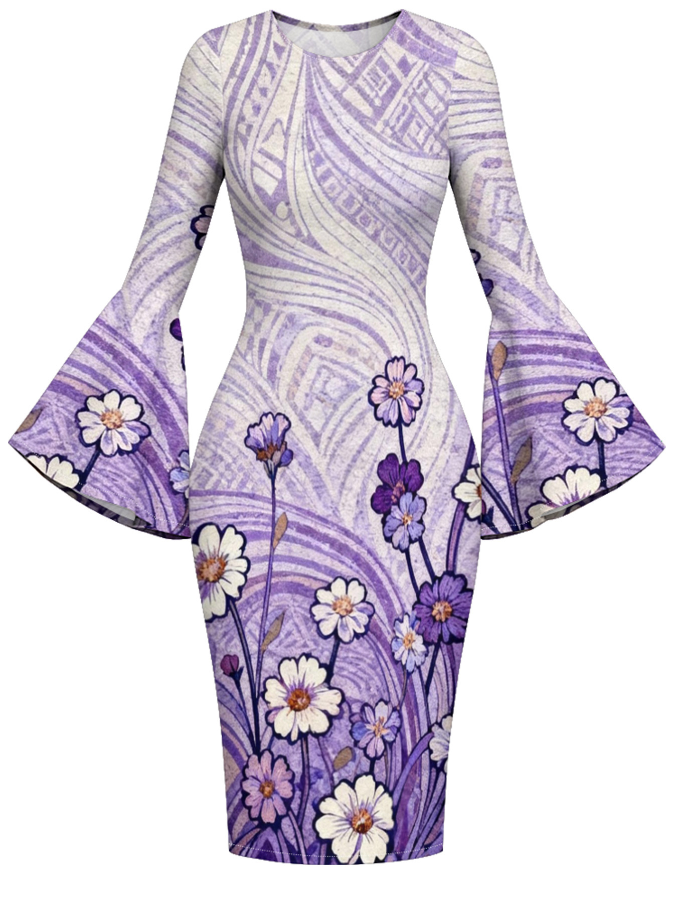 Purple Geometric Floral Flare Sleeve Bodycon Midi Dress HGF630