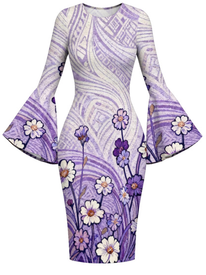 Purple Geometric Floral Flare Sleeve Bodycon Midi Dress HGF630