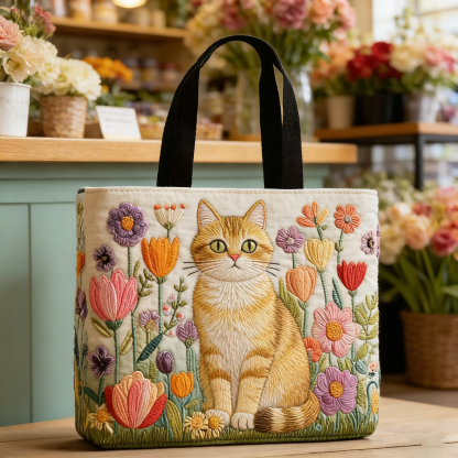Ginger Cat in Wildflower Meadow Quilted Tote Bag WGO8603
