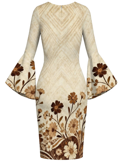 Beige Chevron Floral Flare Sleeve Bodycon Midi Dress FED951