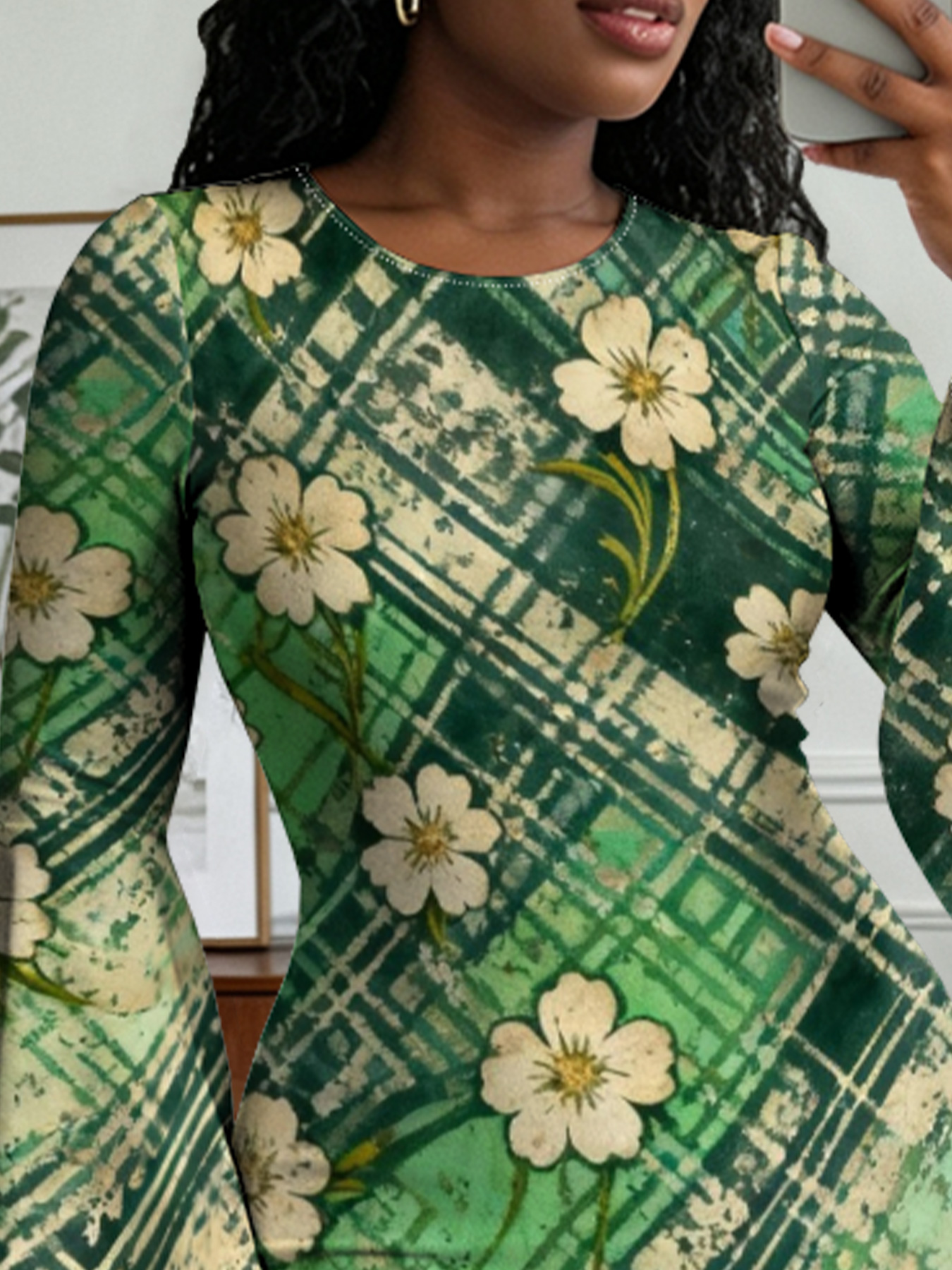 Green Plaid Floral Flare Sleeve Bodycon Midi Dress DCB840