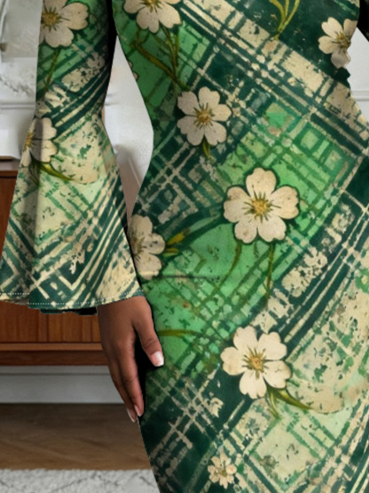 Green Plaid Floral Flare Sleeve Bodycon Midi Dress DCB840