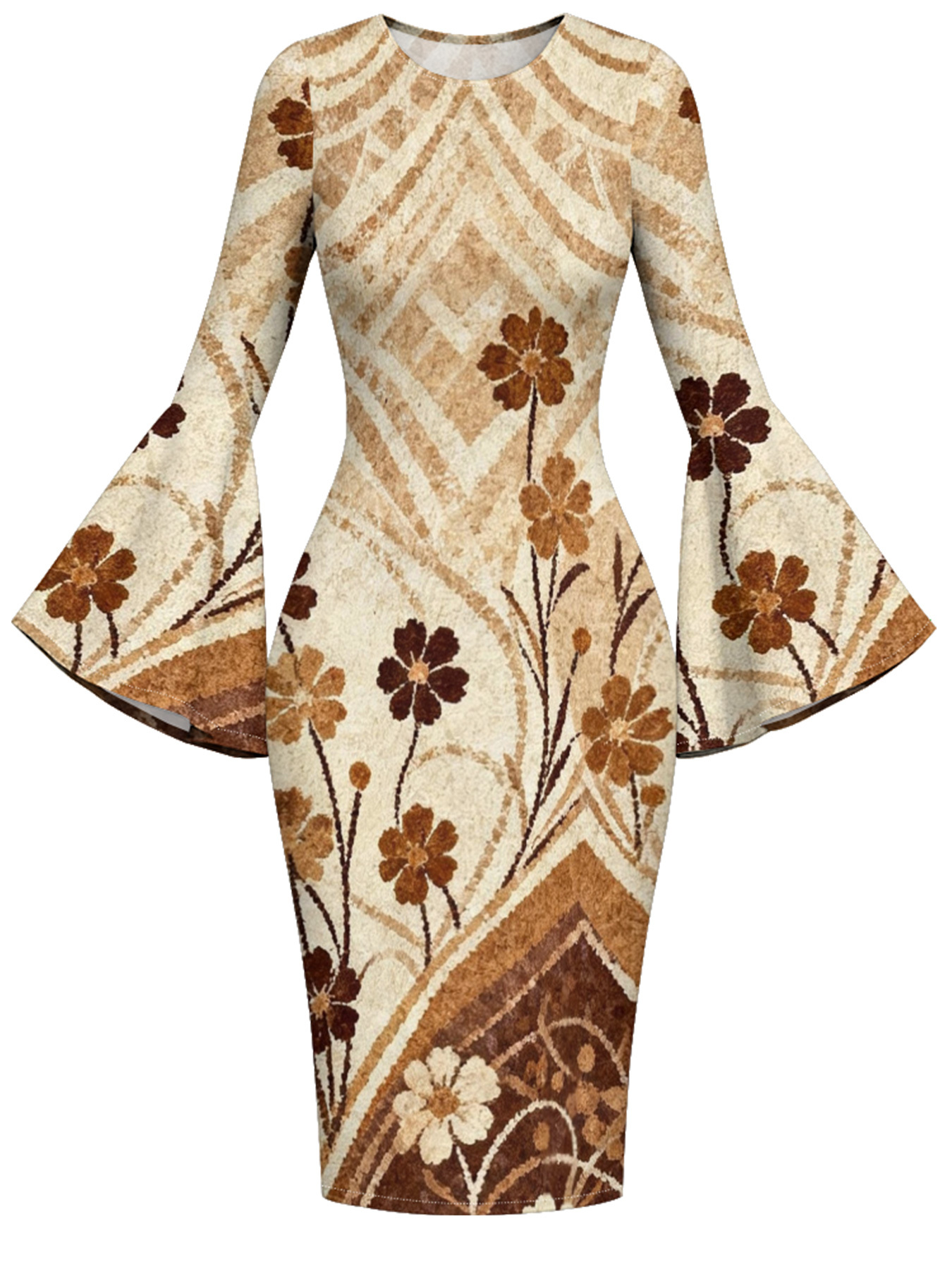 Beige Chevron Floral Flare Sleeve Bodycon Midi Dress ZYW731