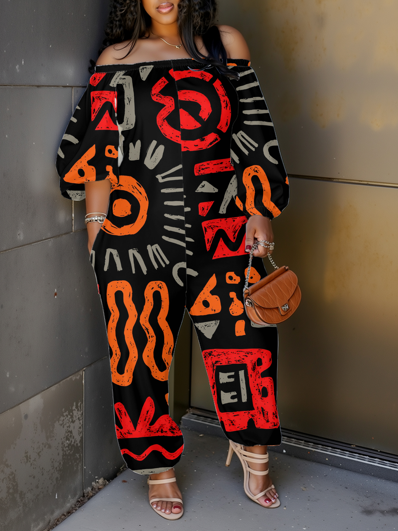 African Tribal Symbol Print Off-Shoulder Jumpsuit