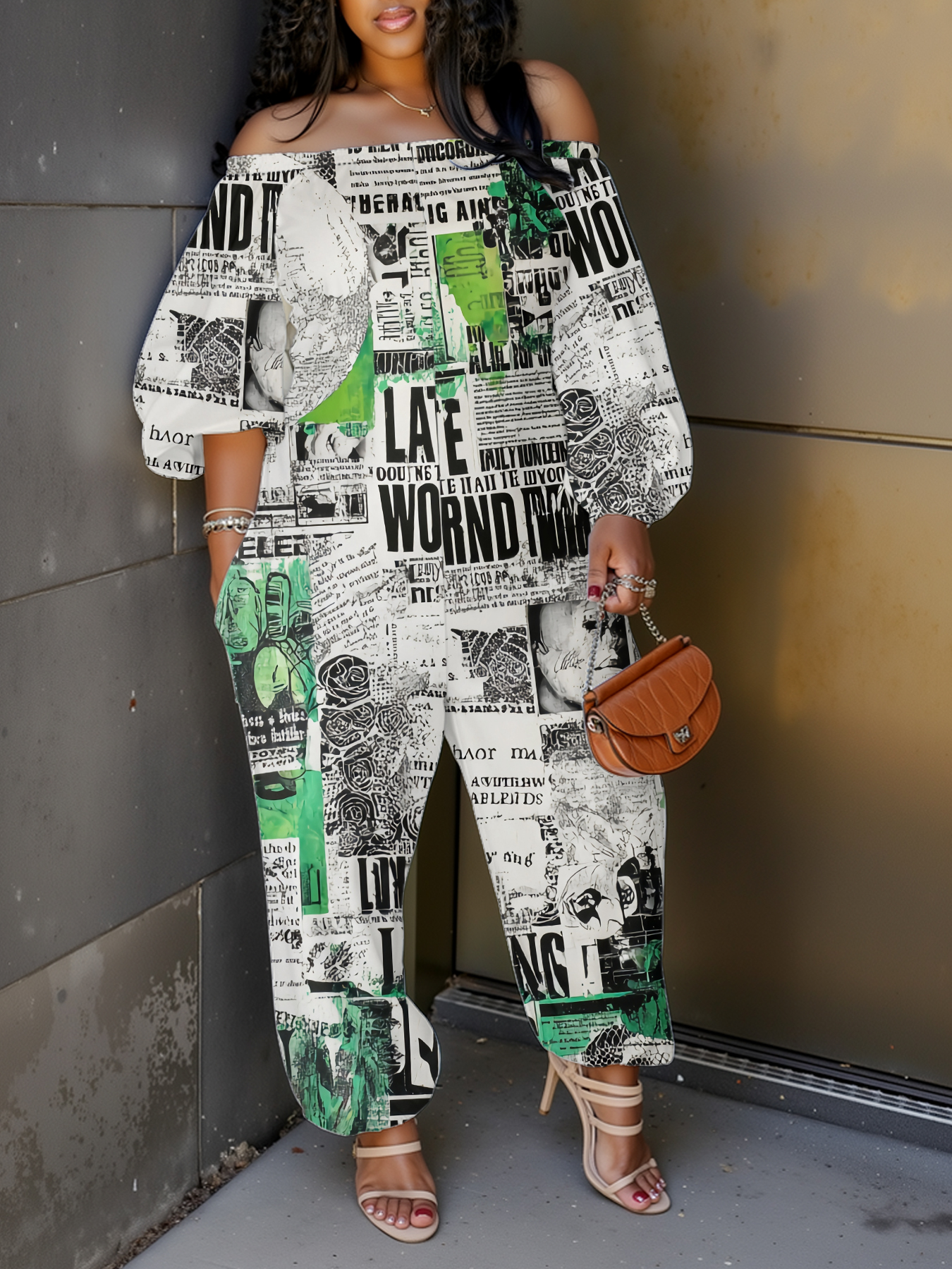 Green Grunge Newspaper Collage Off-Shoulder Jumpsuit