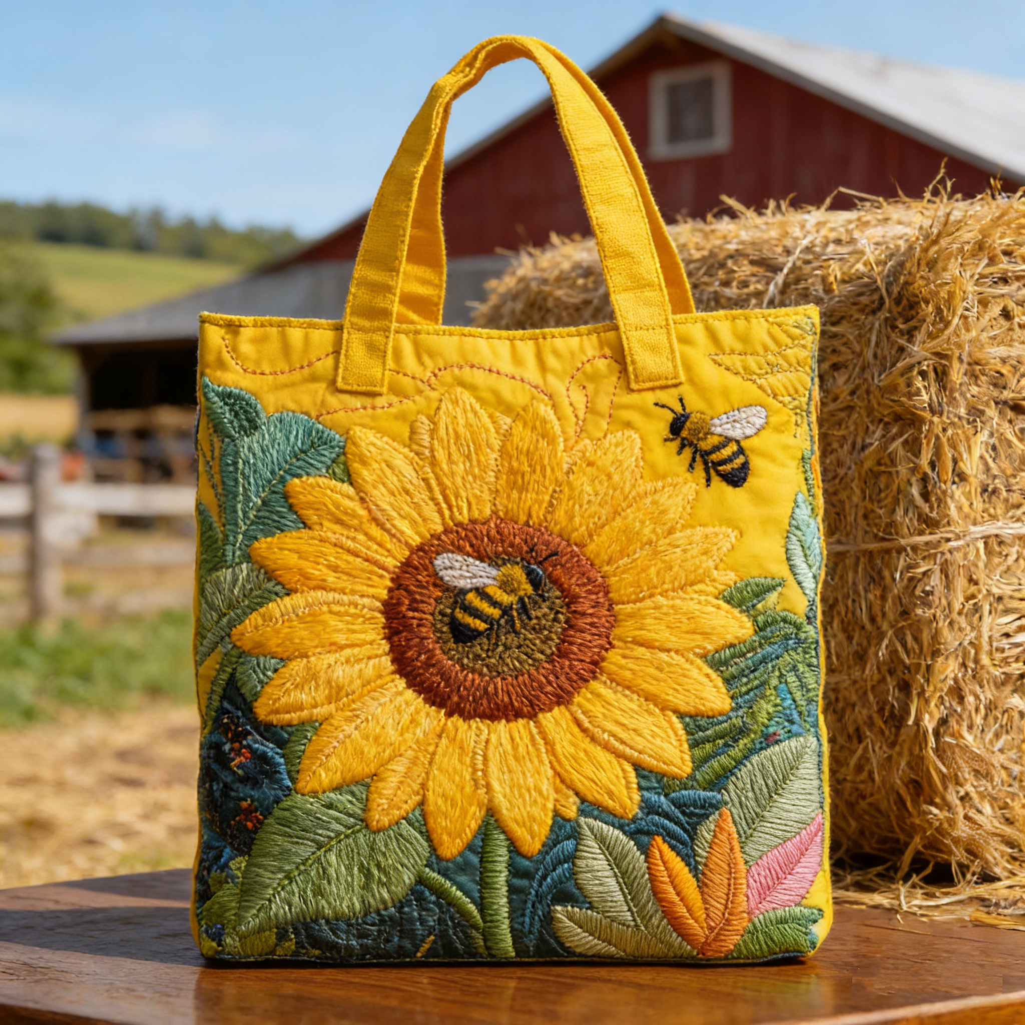 Sunflower Bee Quilted Tote Bag