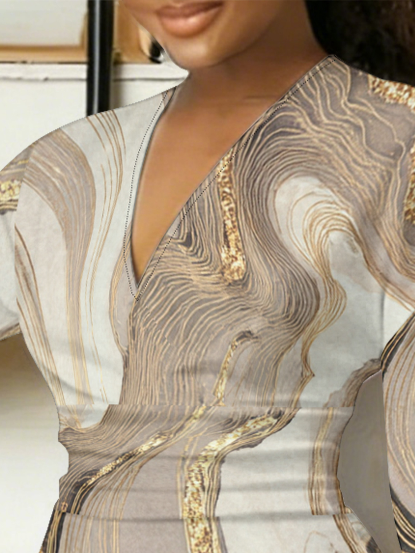 Neutral Gold Wave V-Neck Bodycon Midi Dress