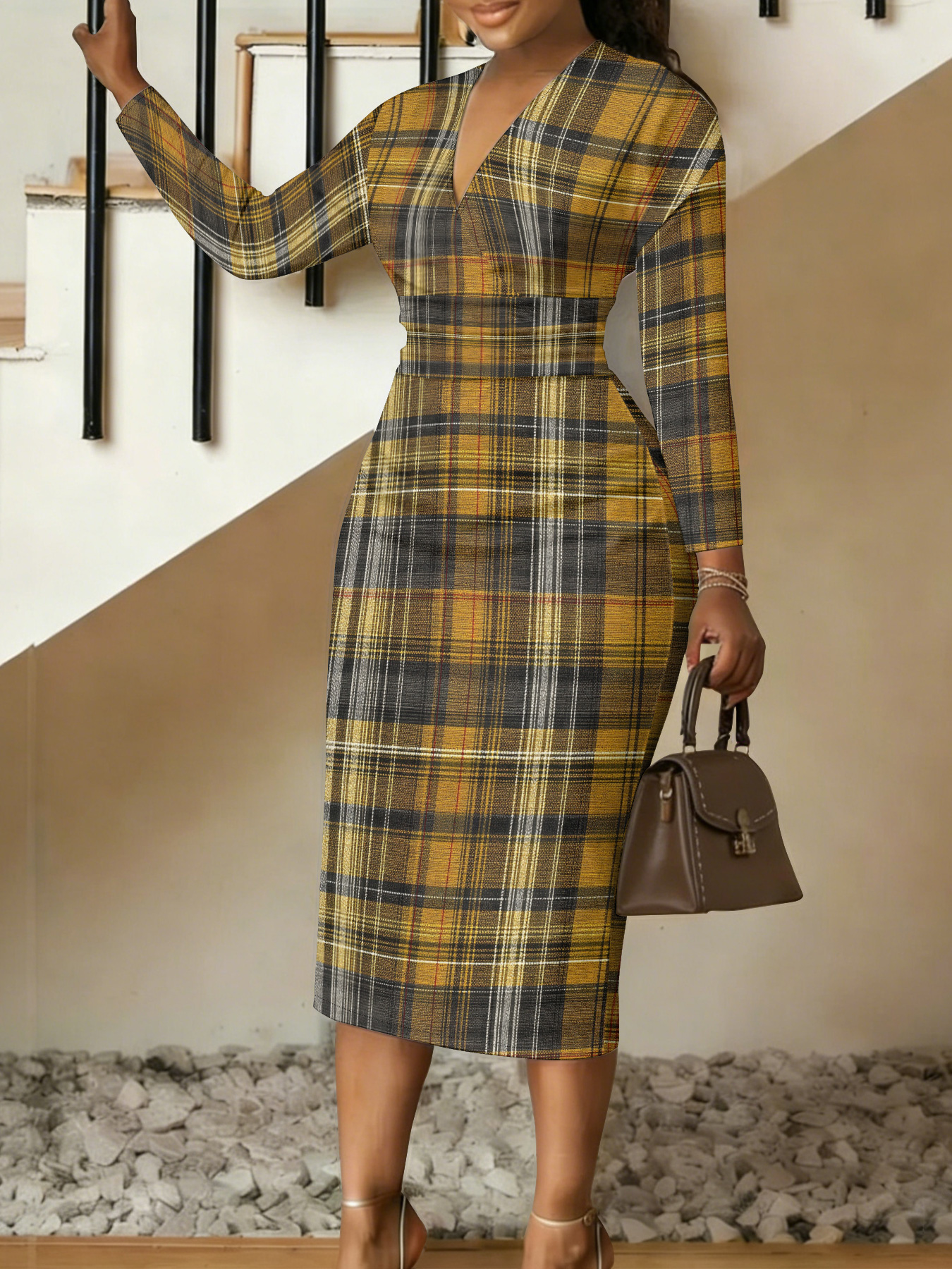 Mustard Plaid V-Neck Bodycon Midi Dress