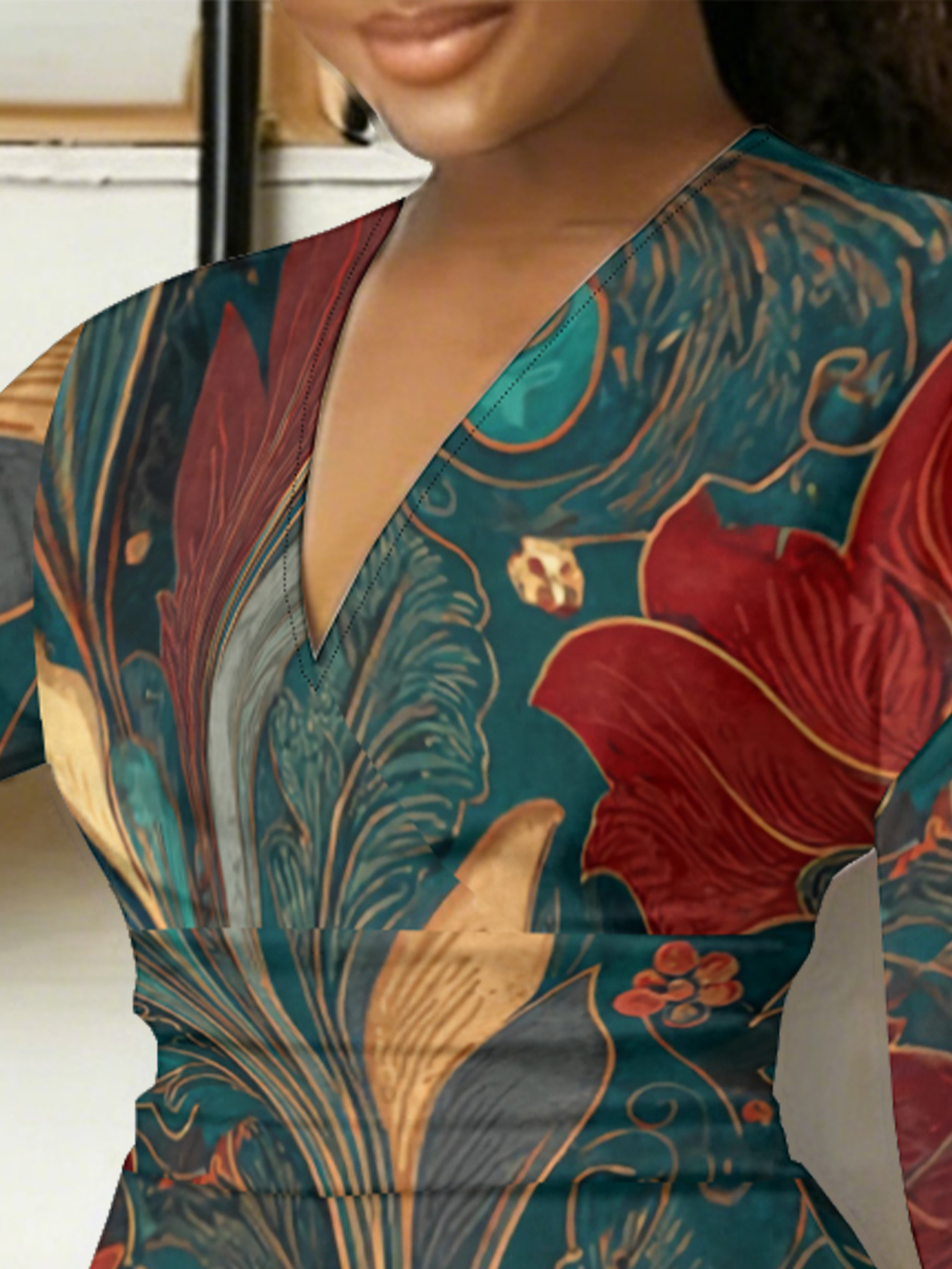 Teal & Red Art Nouveau V-Neck Bodycon Midi Dress