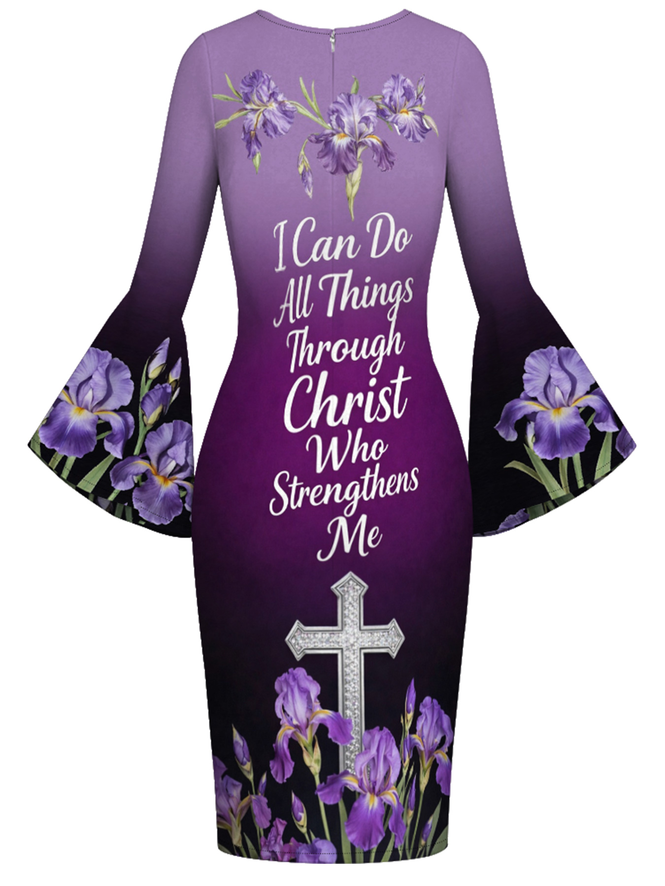 Purple Iris Floral Cross Scripture Easter Flare Sleeve Bodycon Midi Dress JIHB2863