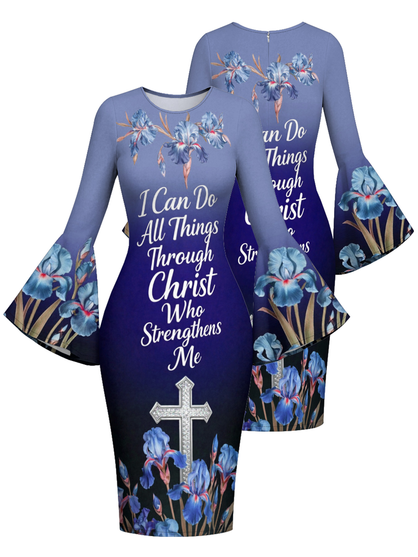 Blue Iris Floral Cross Scripture Easter Flare Sleeve Bodycon Midi Dress JIHB2863