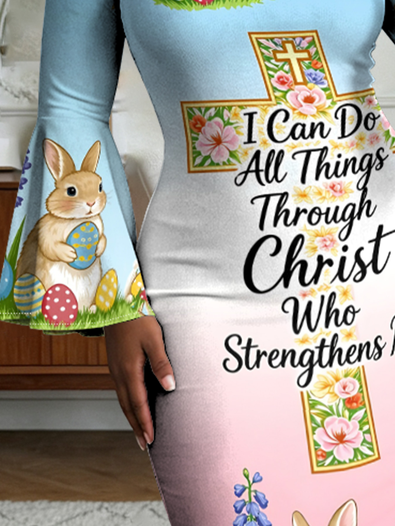 Pastel Easter Bunny Christian Cross Flare Sleeve Bodycon Midi Dress