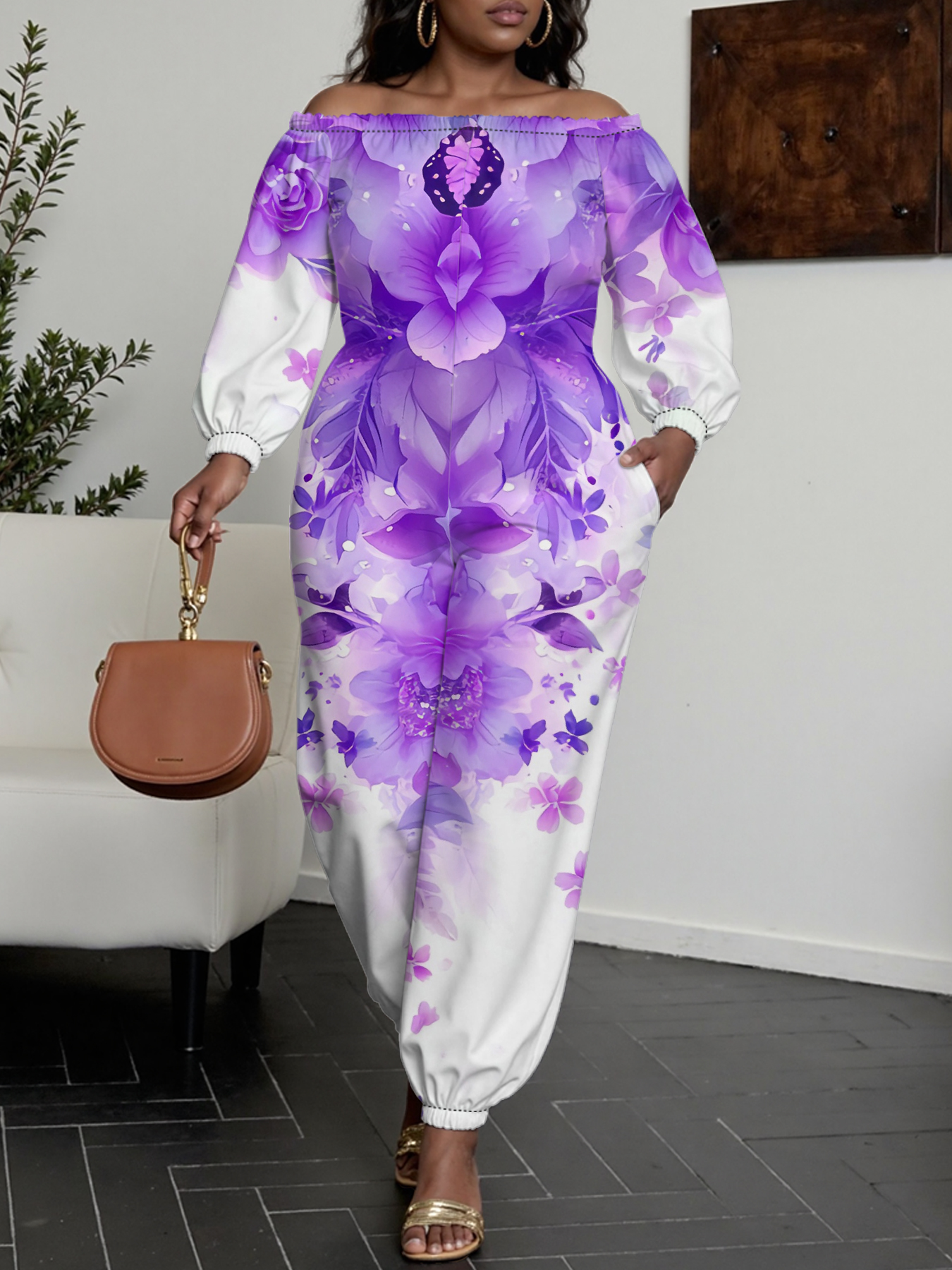 Purple Ombre Floral Off-Shoulder Jumpsuit