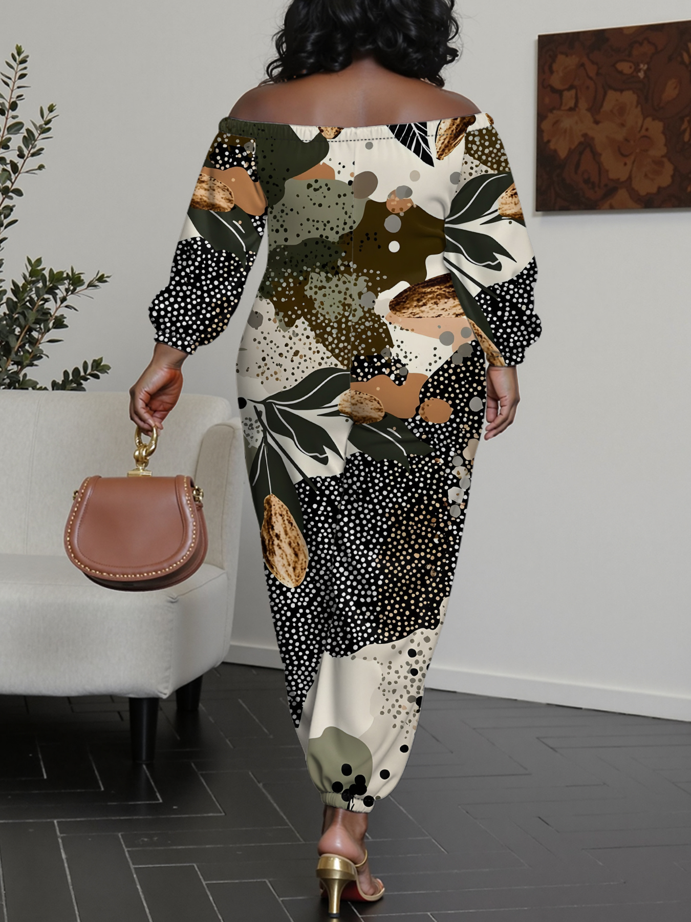 Earthy Botanical Off-Shoulder Jumpsuit