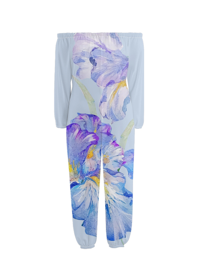 Watercolor Iris Off-Shoulder Jumpsuit
