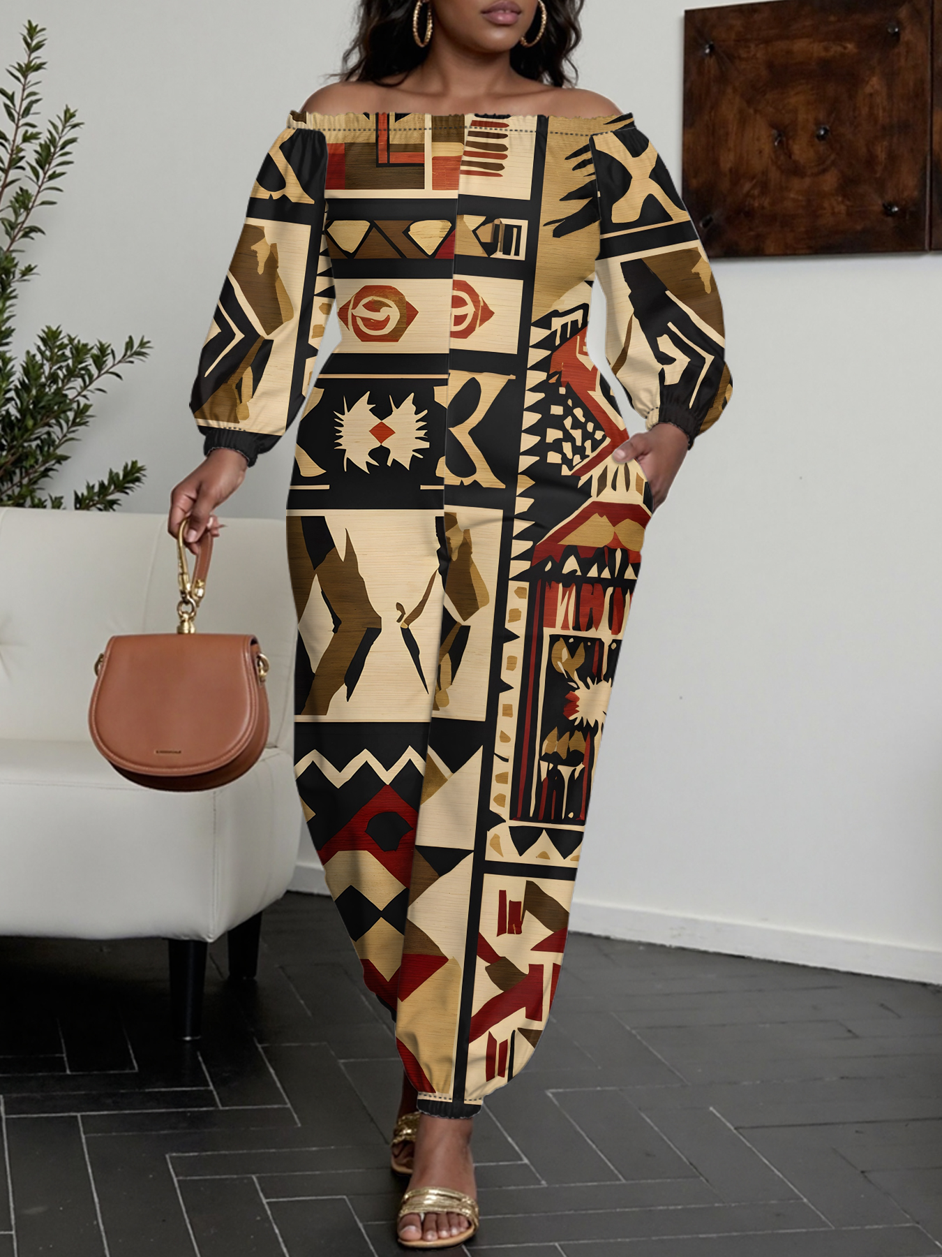 African Bogolan Print Off-Shoulder Jumpsuit