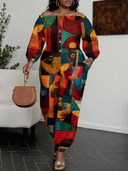 African Cubist Portrait Off-Shoulder Jumpsuit
