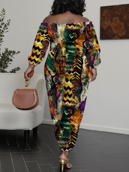 Tropical Feather Tribal Print Off-Shoulder Jumpsuit