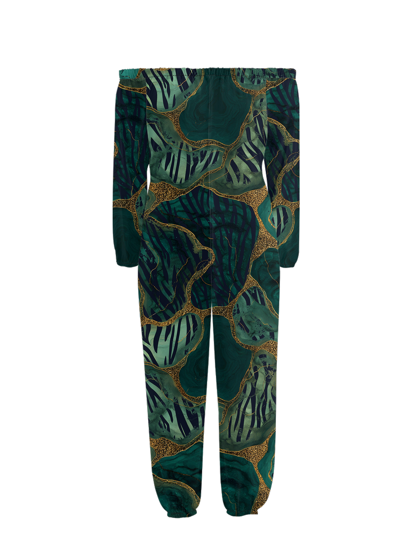Emerald Green & Gold Marble Off-Shoulder Jumpsuit