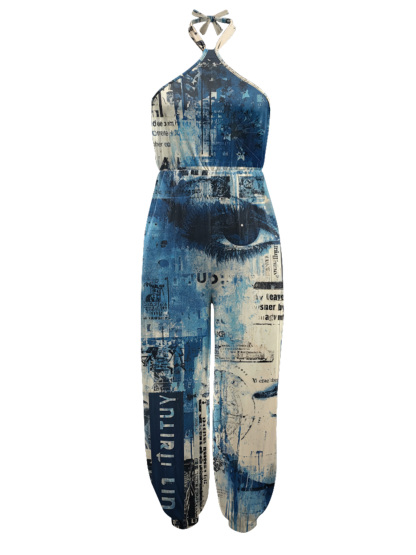 Vintage Newspaper Sleeveless Halter Jumpsuit