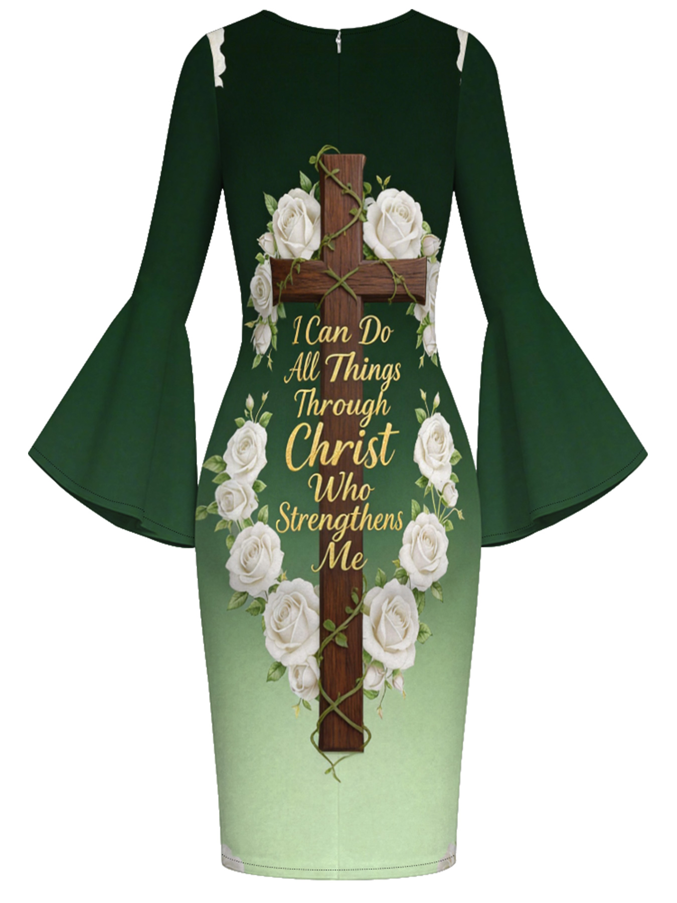 Ombre Green Christian Cross Easter Flare Sleeve Bodycon Midi Dress