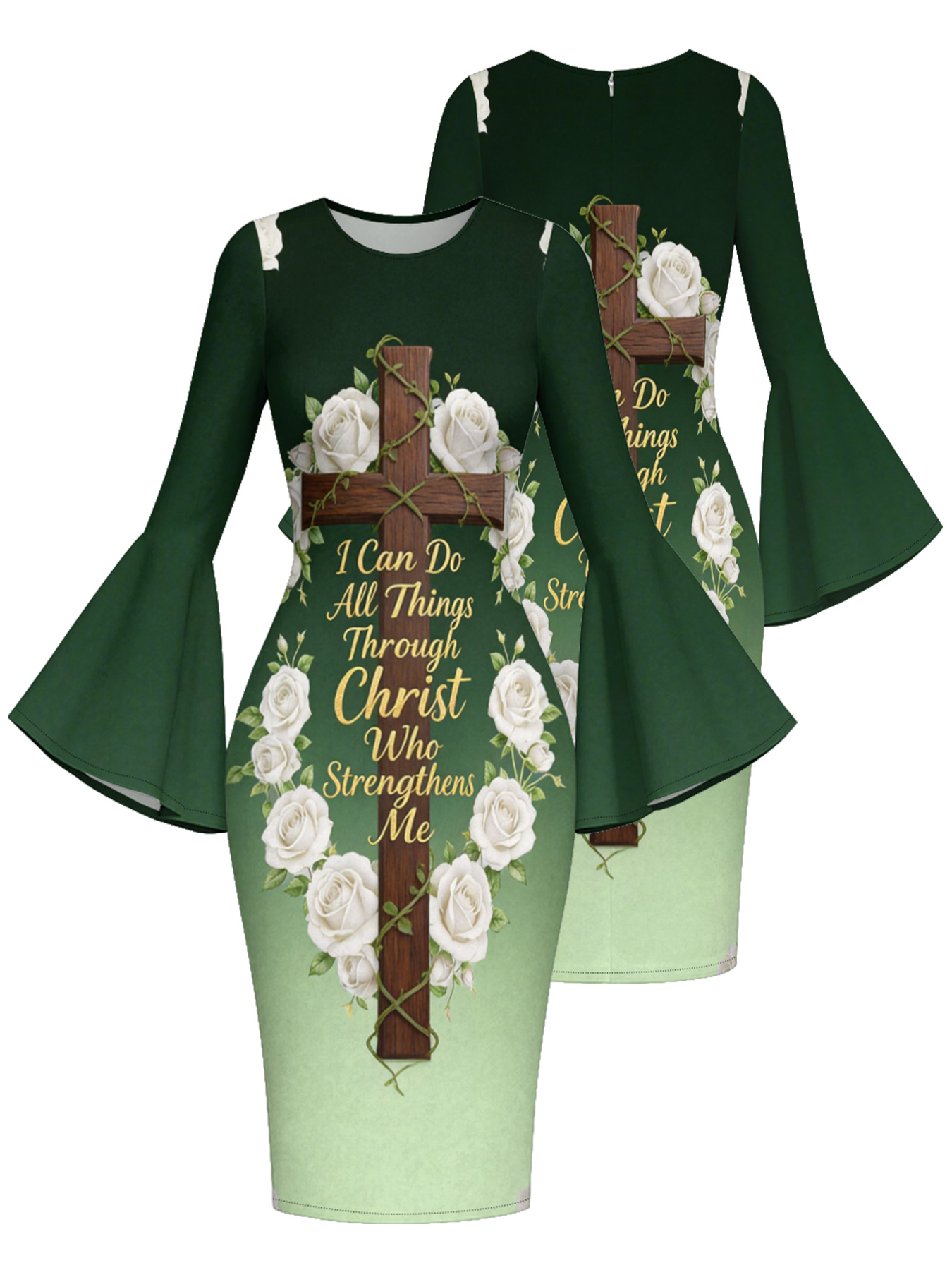 Ombre Green Christian Cross Easter Flare Sleeve Bodycon Midi Dress