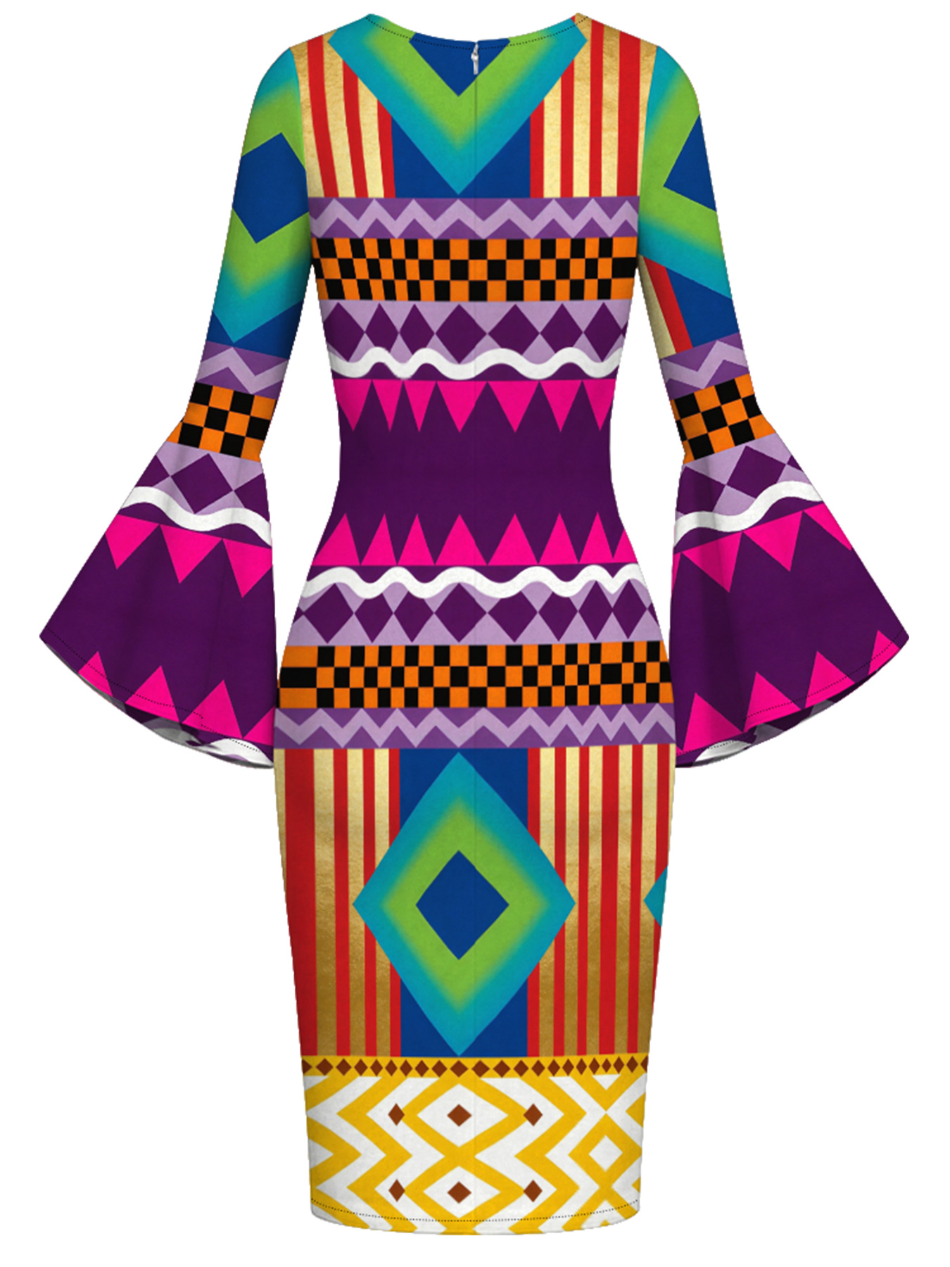 Vibrant African Geometric Easter Flare Sleeve Bodycon Midi Dress