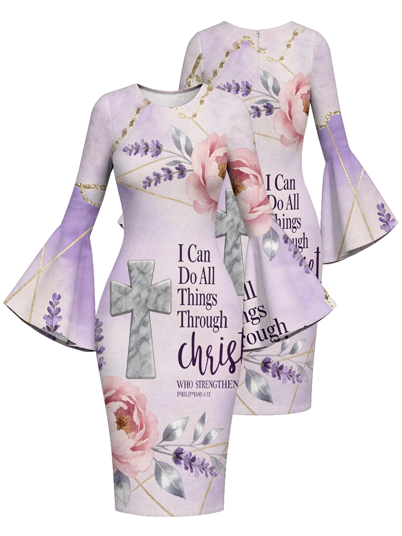 Pastel Purple Marble Cross Easter Flare Sleeve Bodycon Midi Dress