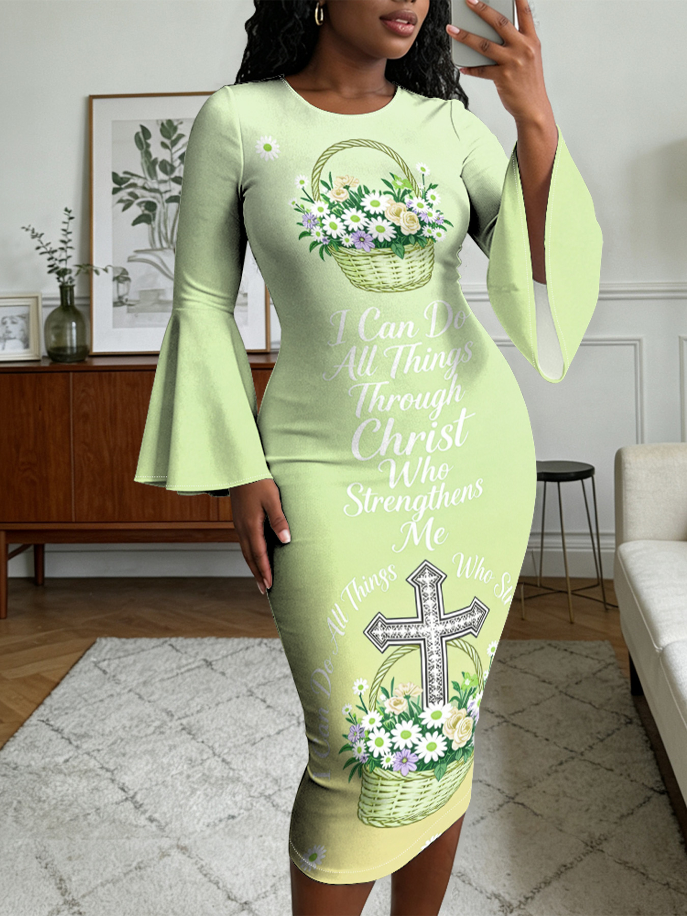 Light Green Floral Basket Cross Easter Flare Sleeve Bodycon Midi Dress