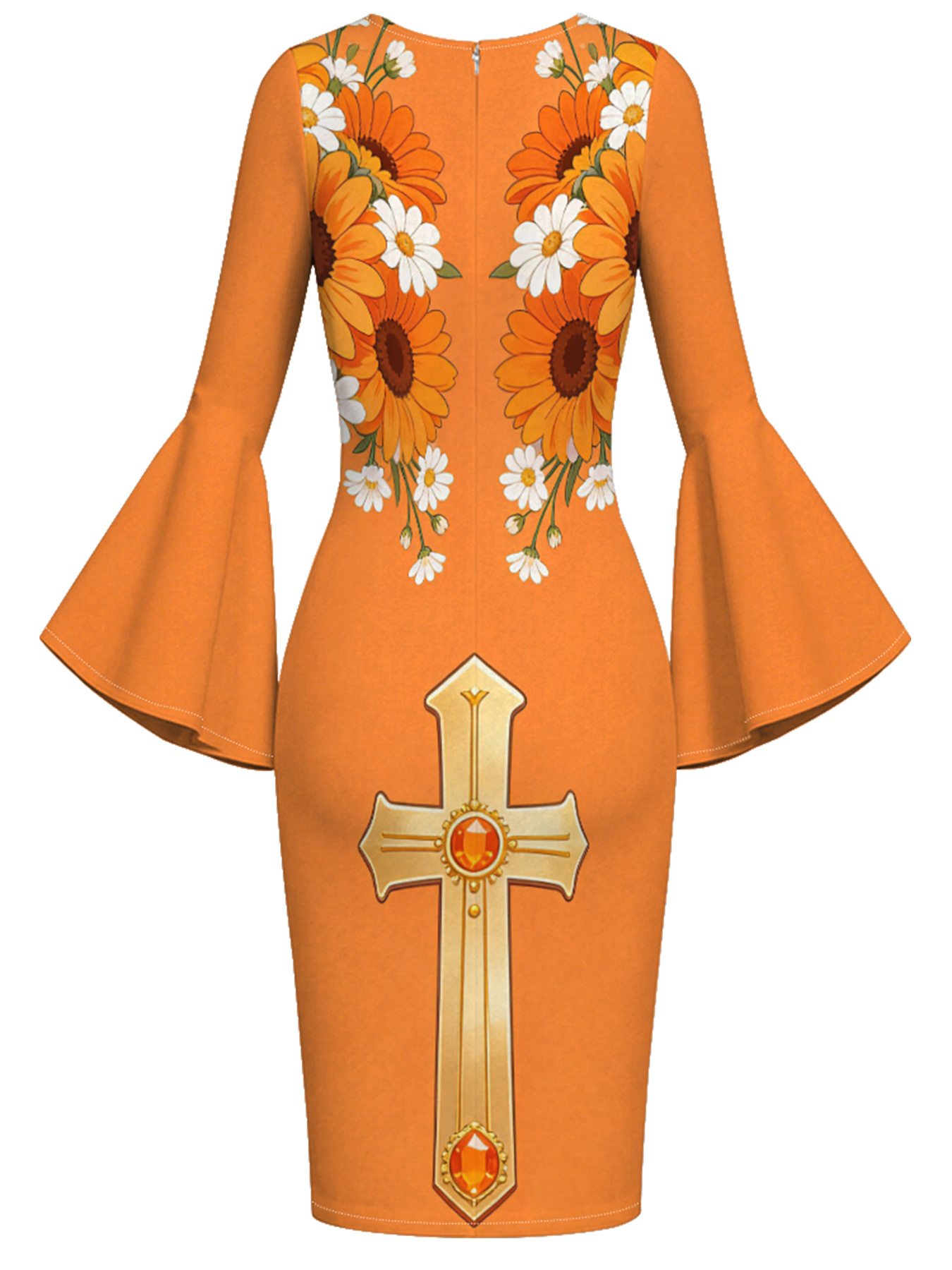 Sunny Orange Gem Cross Easter Flare Sleeve Bodycon Midi Dress