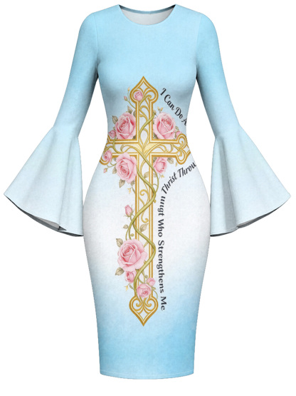 Ombre Blue-White Gold Cross Easter Flare Sleeve Bodycon Midi Dress
