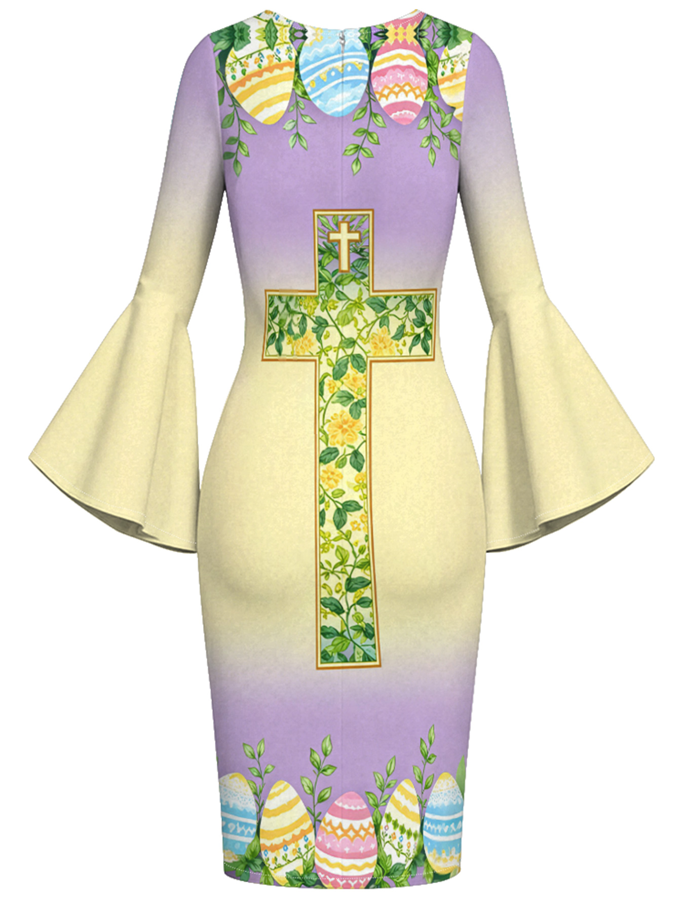 Ombre Purple-Yellow Cross Easter Flare Sleeve Bodycon Midi Dress
