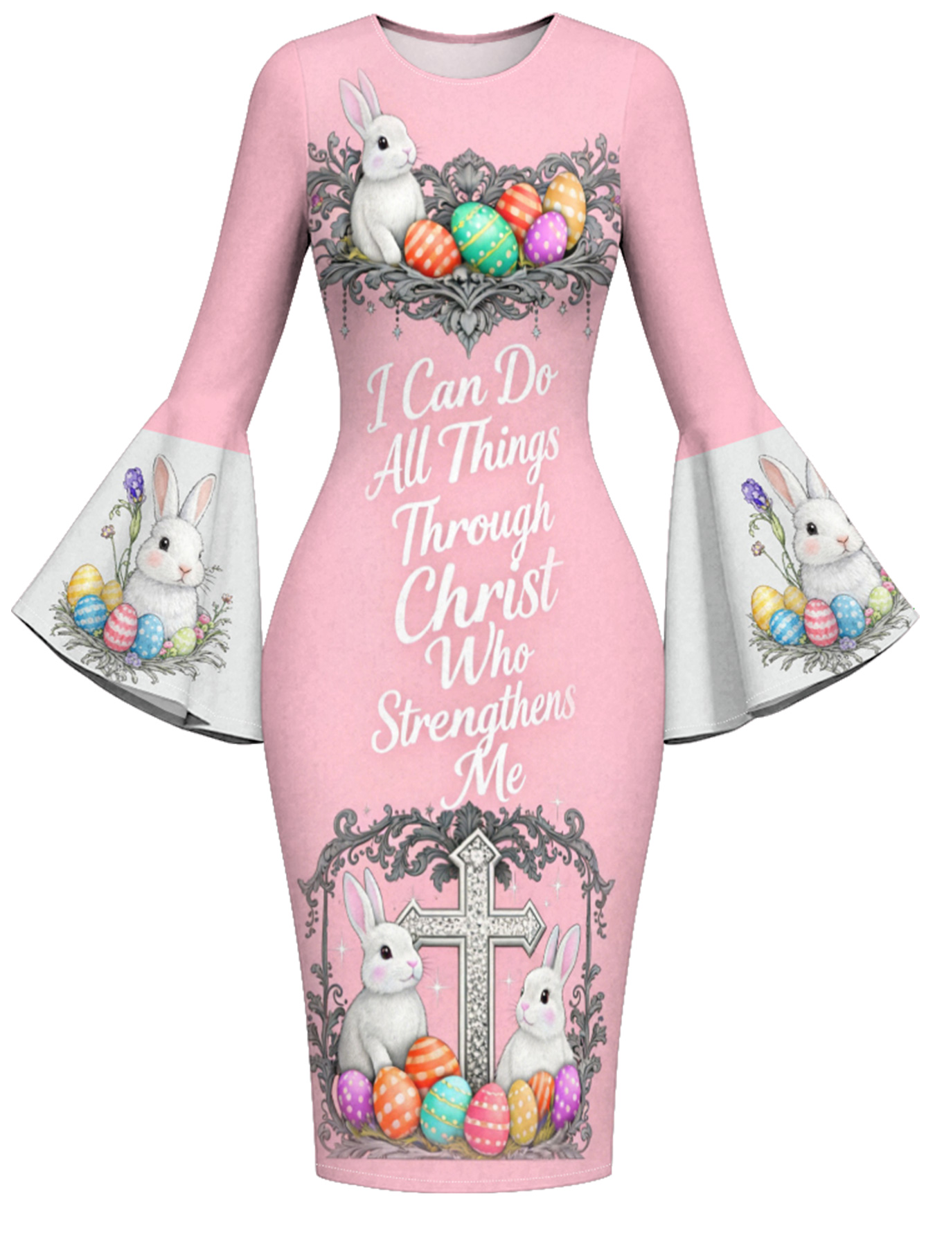 Blush Pink Easter Bunny Cross Easter Flare Sleeve Bodycon Midi Dress