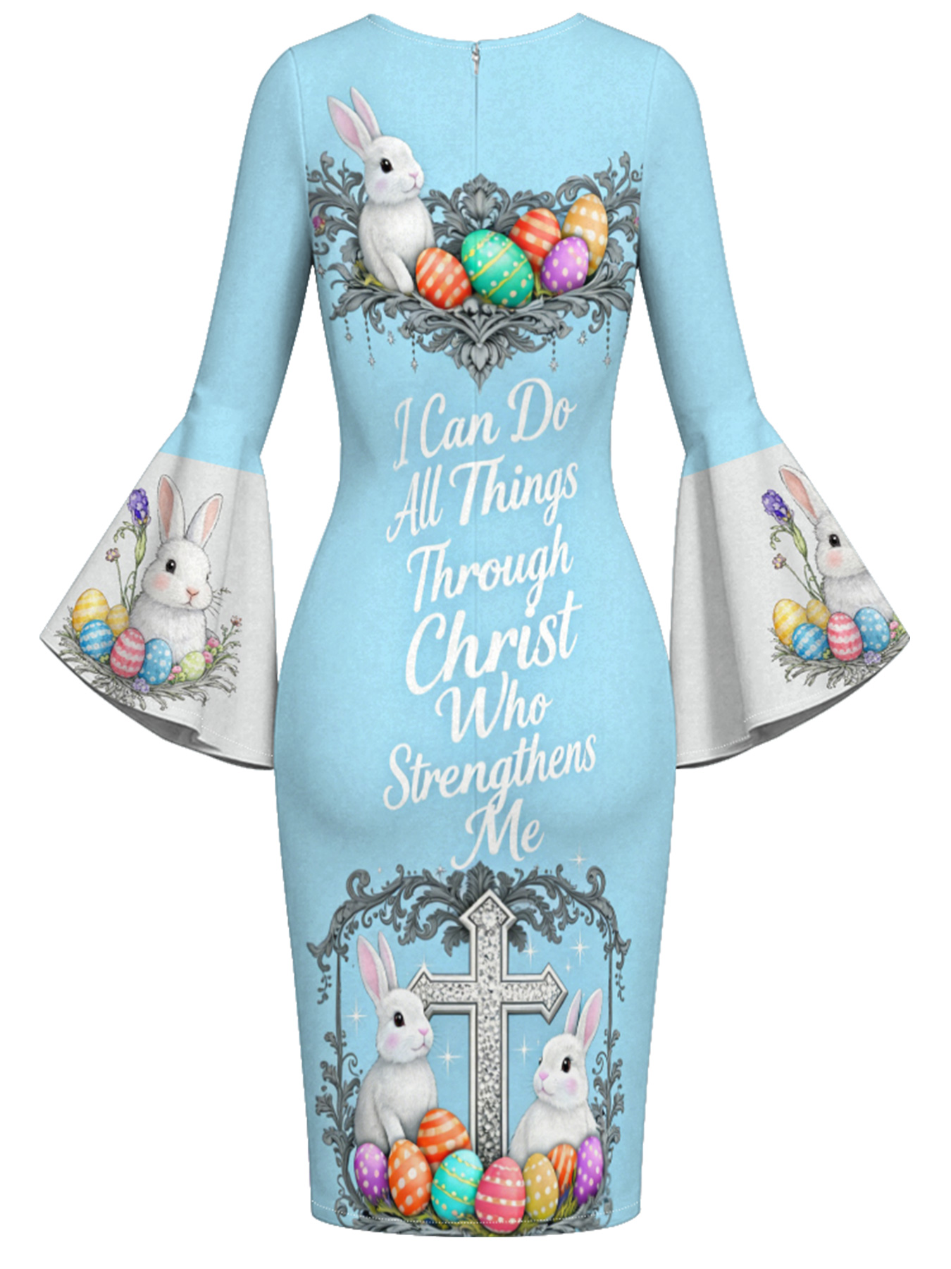 Sky Blue Easter Bunny Cross Easter Flare Sleeve Bodycon Midi Dress
