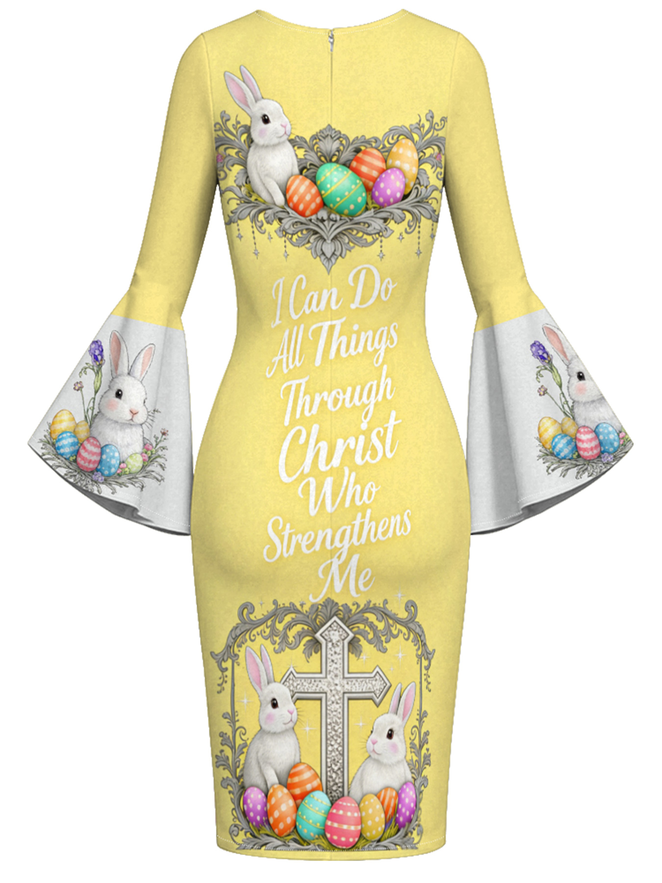Sunny Yellow Easter Bunny Cross Easter Flare Sleeve Bodycon Midi Dress