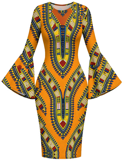 African Tribal Flare Sleeve Bodycon Midi Dress IOJ85689