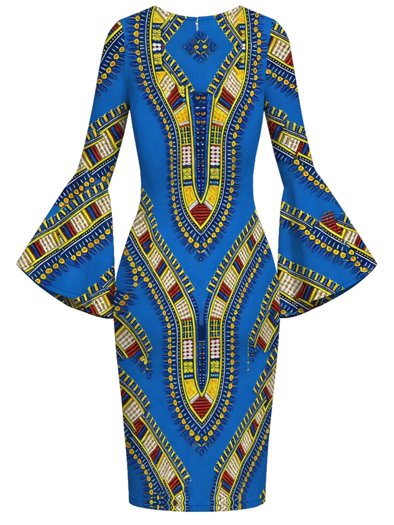 Blue Dashiki Flare Sleeve Bodycon Midi Dress IOJ85689