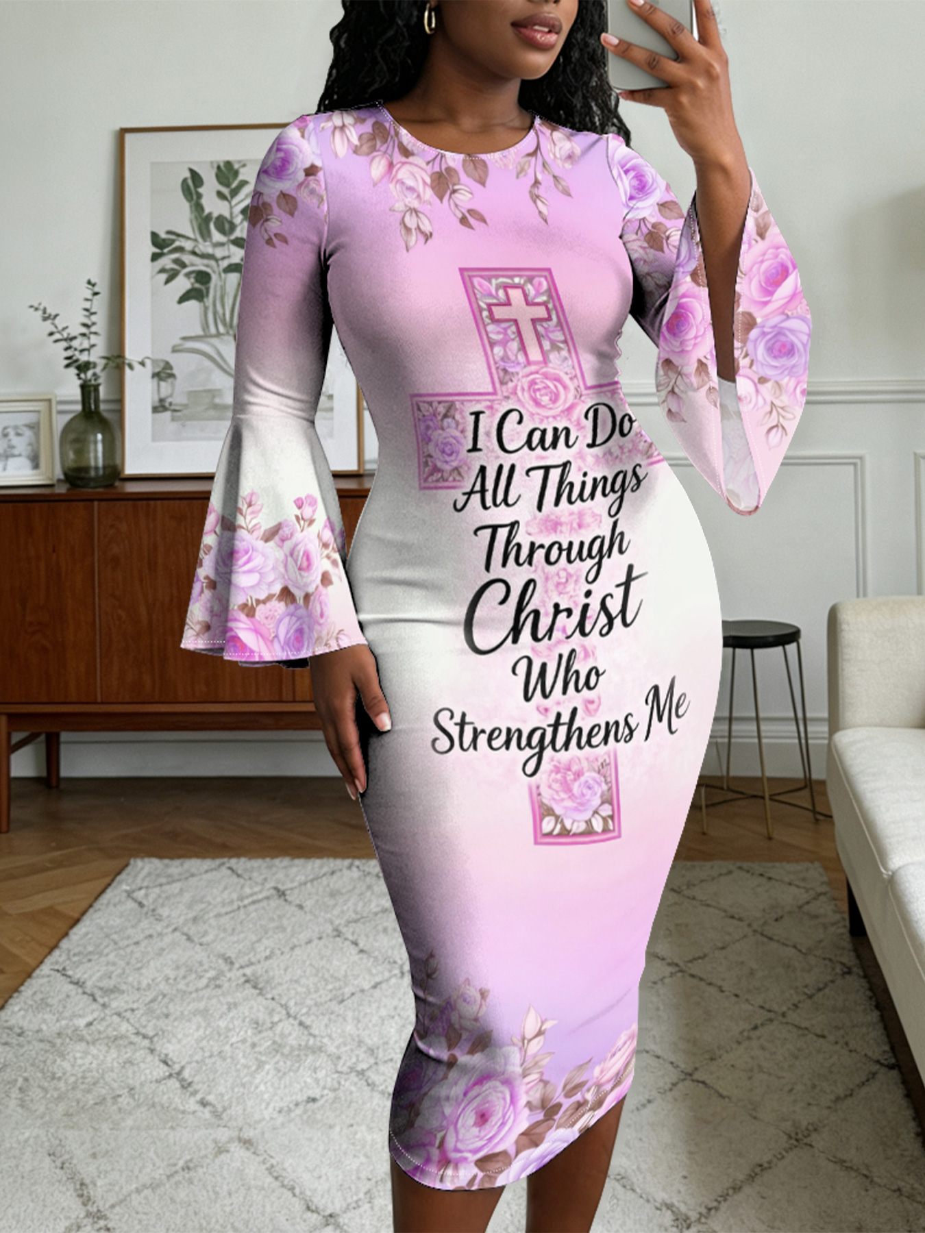Floral Cross Scripture Easter Flare Sleeve Bodycon Midi Dress JHU758