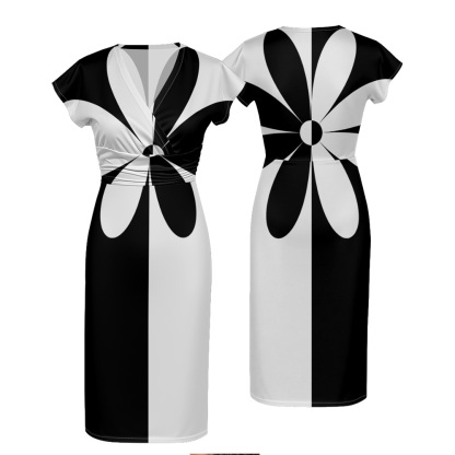 Black & White Floral Cap Sleeve V-Neck Midi Dress